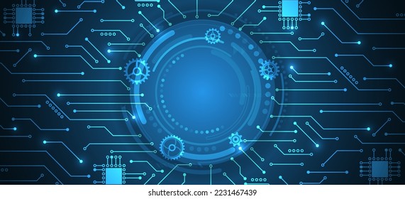 Abstract technology communication, vector illustration. Hi-tech computer digital technology concept. Wide Blue background with various technological elements.