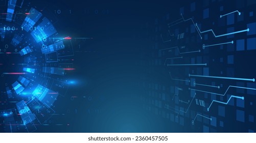 Abstract technology communication, vector illustration. Futuristic design for presentation. Hi-tech computer digital technology concept. Wide Blue background with various technological elements.
