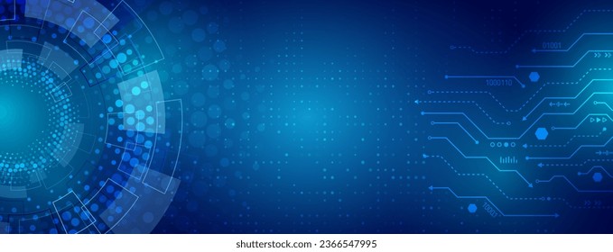 Abstract technology communication, vector illustration. Futuristic design for presentation. Hi-tech computer digital technology concept. Wide Blue background with various technological elements.