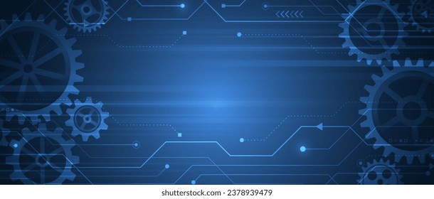 Abstrakte Technologie-Kommunikation, Vektorgrafik. Futuristisches modernes Design für Präsentationen. High-Tech-Computer-Digitaltechnik-Konzept. breiter blauer Hintergrund mit verschiedenen technologischen Elementen