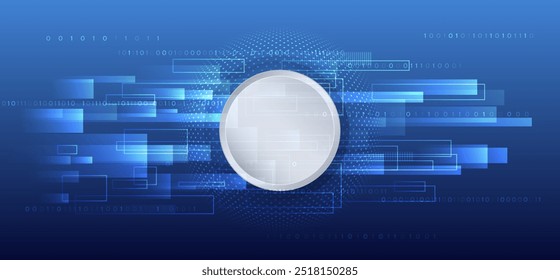 Comunicação tecnológica abstrata, ilustração vetorial. Design futurista para apresentação. Conceito de tecnologia digital de computação de alta tecnologia. Fundo azul largo com vários elementos tecnológicos.