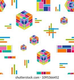 Abstract technology composition. Seamless vector pattern with falling cubes, stripes and crosses on white background. Trendy modern design for cards, covers, posters, textile.