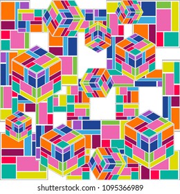 Abstract technology composition. Seamless vector pattern with falling cubes, stripes and crosses on checkered background. Trendy modern design for cards, covers, posters, textile.