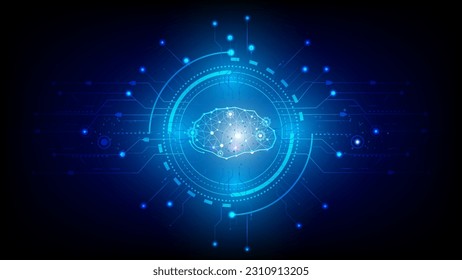 Abstract technology computing concept Ai Brain working data of Artificial intelligence and futuristic digital for future on dark blue background.