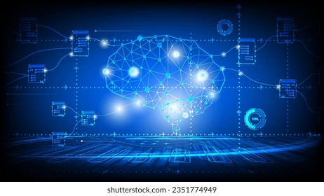 Abstract technology computing concept Ai Brain working data of Artificial intelligence and futuristic digital for future on dark blue background.