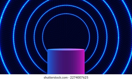Abstraktes Technologiekonzept 3D realistische leere Neonfarben Podium mit Linien kreisen blühende Neonleuchten Leuchtwirkung mit Punktpartikeln auf dunklem Hintergrund. Produktanzeige für Banner