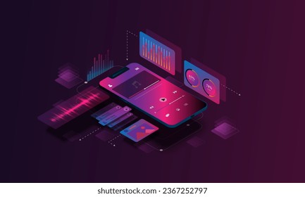 Abstract technology concept background image on smartphone, playing music and adjusting the level of sound wave music.