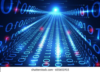 Abstract Technology Concept Binary Bridge To The Future Hi Tech Light Blue Background, Roads Of The Future Of The Digital World And Light From The Destination Is Like A Technological Breakthrough.