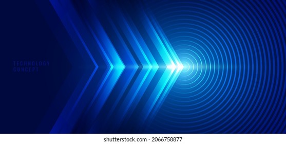 Abstract technology concept blue arrows with circles lines and lighting effect background. Vector graphic illustration