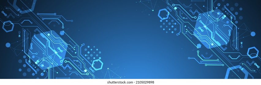 Abstract technology concept. Circuit board, high computer color background. Vector illustration with space for content, web - template, business tech presentation.