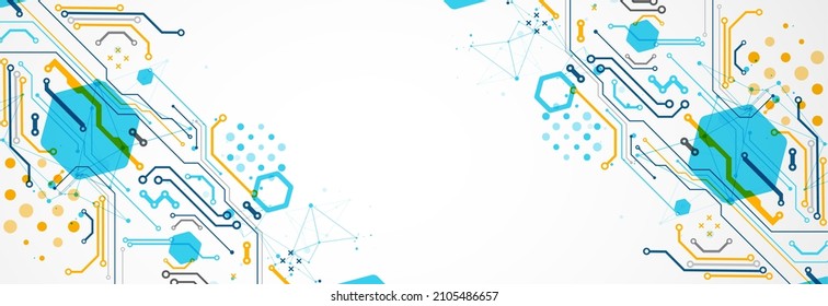 Abstract technology concept. Circuit board, high computer color background. Vector illustration with space for content, web - template, business tech presentation.