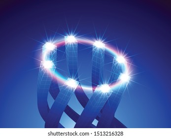 Abstract technology concept with connected architectural columns and ring of digital information exchange or data light