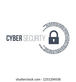 abstract technology concept cyber security with lock and digital binary circles around it. Vector illustration isolated on white background.