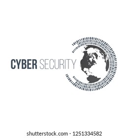 abstract technology concept cyber security with circle world and digital binary circles around it. Vector illustration isolated on white background.