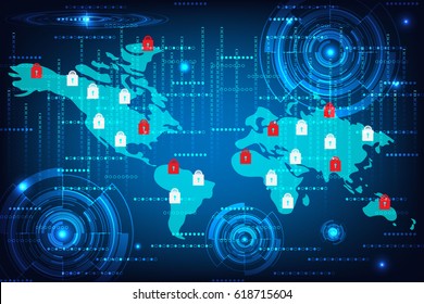 Abstract Technology Concept Cyber Security With Map Circle And Lock Hi Tech Background