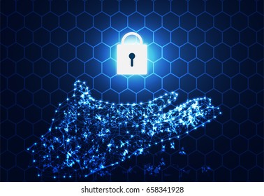 Abstract Technology Concept Cyber Security Hand Digital Link  On Hexagon Hi Tech Background