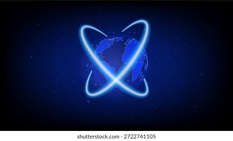 Concepto de tecnología Abstractas de la Tierra con anillos orbitales luminosos, conexión global y atmósfera digital futurista
