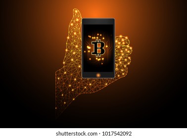 Abstract technology concept futuristic Hand and phone Money digital of Golden Bitcoin Currency elements of data chart,business,technology,BTC,network hi tech gold dark background.vector illustration