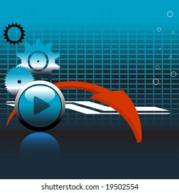 Abstract technology concept with gears, red arrow, small circles and play button