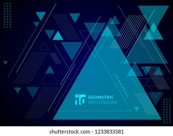 Abstract technology concept geometric triangles composition with oblique lines pattern on blue dot background texture. Vector illustration