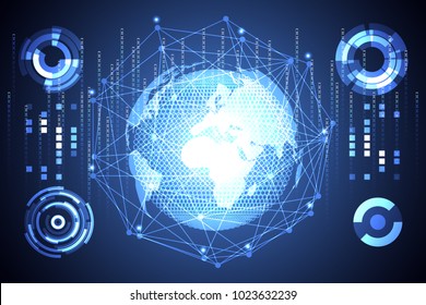 abstract technology concept global network connection futuristic earth globe virtual hologram communication system world and digital link business Connection hi tech background.Vector Illustration