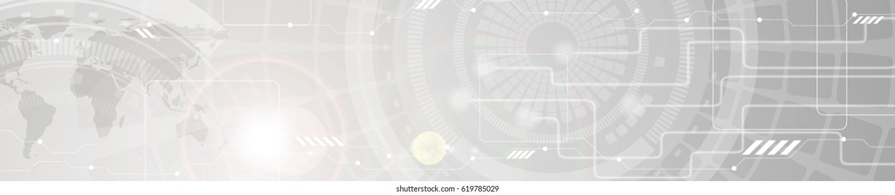 Abstract technology concept grey web banner. Vector header template with circuit board, gear and world map