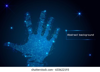 abstract technology concept hand and blue light digital link connection hi tech background