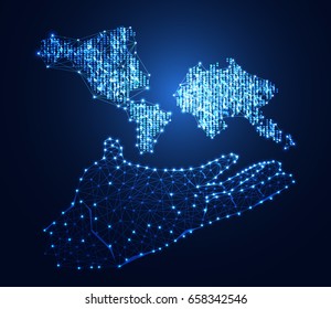 abstract technology concept hand digital link and map dot on hi tech background