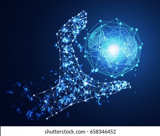 concepto de tecnología abstracta conexión digital de mano y futuro mundial sobre fondo de alta tecnología
