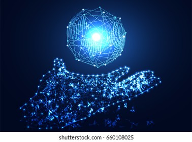 abstract technology concept hand digital link and world on hi tech background