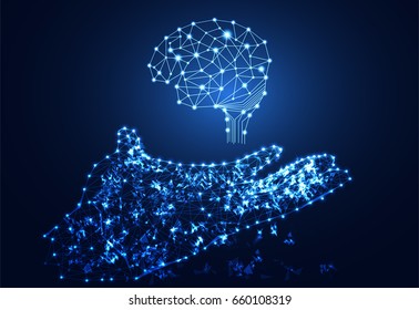 abstract technology concept hand digital link and brain on hi tech background