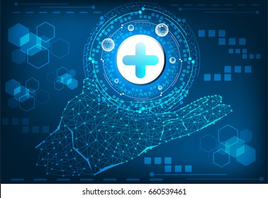 abstract technology concept hand digital link and healthcare on hi tech background