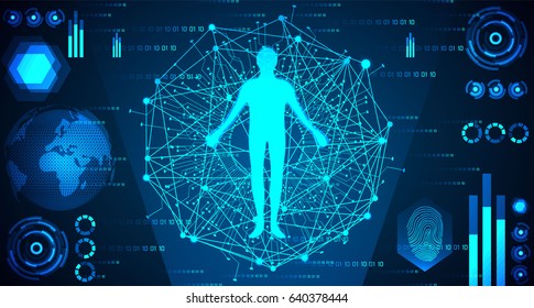 abstract technology concept human body in digital link ; hud interface and scan body to verify identity on binary hi tech background