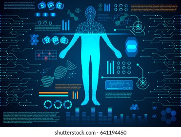 abstract technology concept human body digital health care ; hud interface of health analysis and scan body to verify identity future design on hi tech background