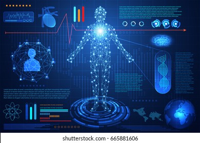 abstract technology concept human body digital health care ; hud interface of health analysis future design on hi tech background