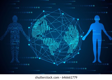 abstract technology concept humans body digital link and world map dot digital link network connection on binary background