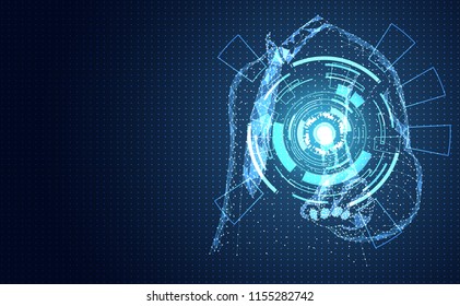 abstract technology concept line triangle and points businessman low poly finger pointing futuristic virtual hologram communication system link business connection on hi tech blue background.Vector 