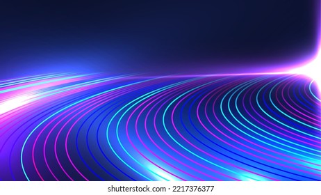 Abstract technology concept neon colors lines high speed light motion trails with lighting effect on dark blue background. Vector illustration