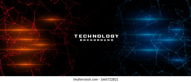 Abstract technology concept particle connection background design  with red and blue lights. vector illustration.