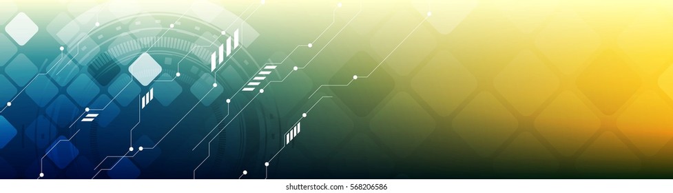 Abstract Technology Concept Web Banner. Vector Header Template With Circuit Board, Gears And Squares