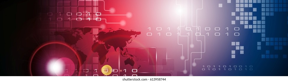 Abstract technology concept web banner. Vector header template with circuit board, binary code and world map