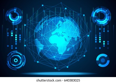 abstract technology concept world digital link ; hud interface and circle hi tech background,Connect everyone in the world together. With technology of the future.