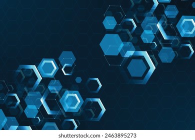 Abstract technology connect concept blue geometric hexagons pattern with glowing light on dark background. Medical, tech or science design