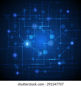 Abstract Technology connection background with integrated circles and icons for digital, connect, internet network.  Global social media concepts. Vector Illustration Technology, blue color background