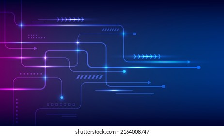 Abstract Technology Connection Data Concept Circuit Lines Board With Nodes And Geometric Elements Lighting Effect On Blue Background. Vector Illustration