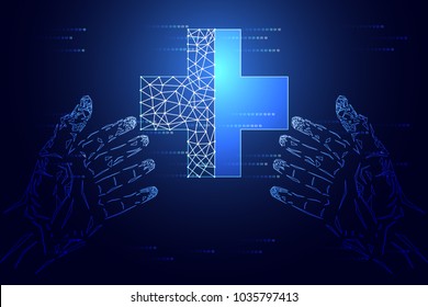 abstract technology consist hand digital health plus wireframe link concept future medical medicine by computer modern technology health and healthcare new process
 hi tech science background