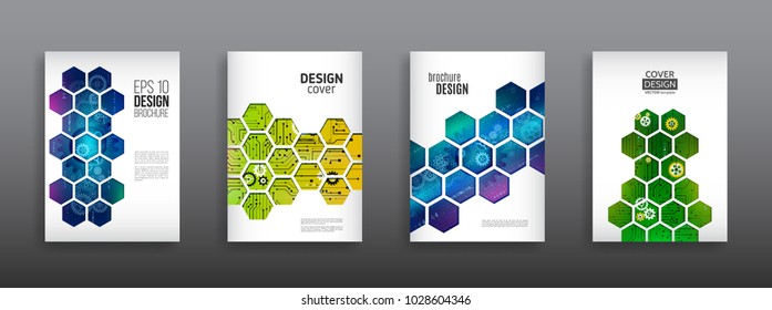 Abstract technology cover with hexagon elements. High tech brochure design concept. Futuristic business layout. Digital poster templates.