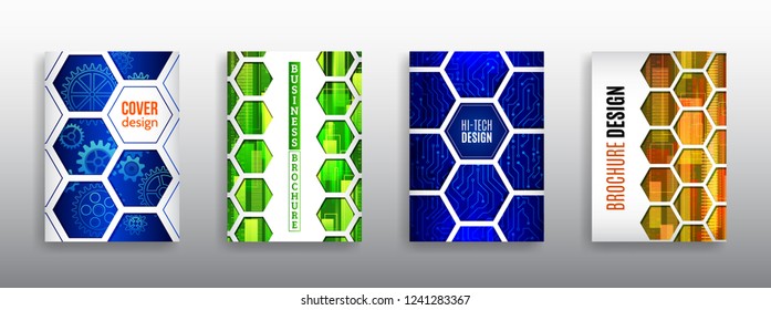 Abstract technology cover with hexagon elements. High tech brochure design concept. Futuristic business layout. Techno poster templates.