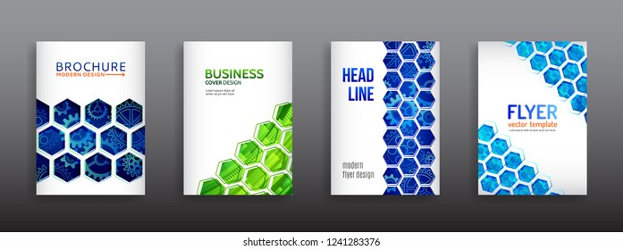 Abstract technology cover with hexagon elements. High tech brochure design concept. Futuristic business layout. Technology poster templates.