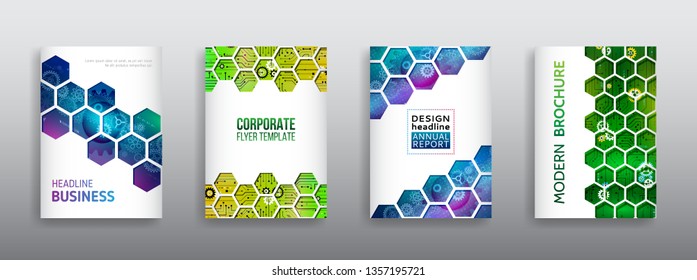 Abstract technology cover with hexagon elements. High tech brochure design concept. Futuristic business layout. Digital poster templates.